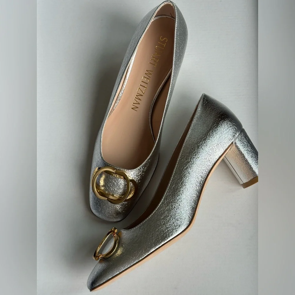 Stuart Weitzman Anicia Metallic Silver Leather Pumps Gold Logo Size 7.5 - Picture 7 of 16